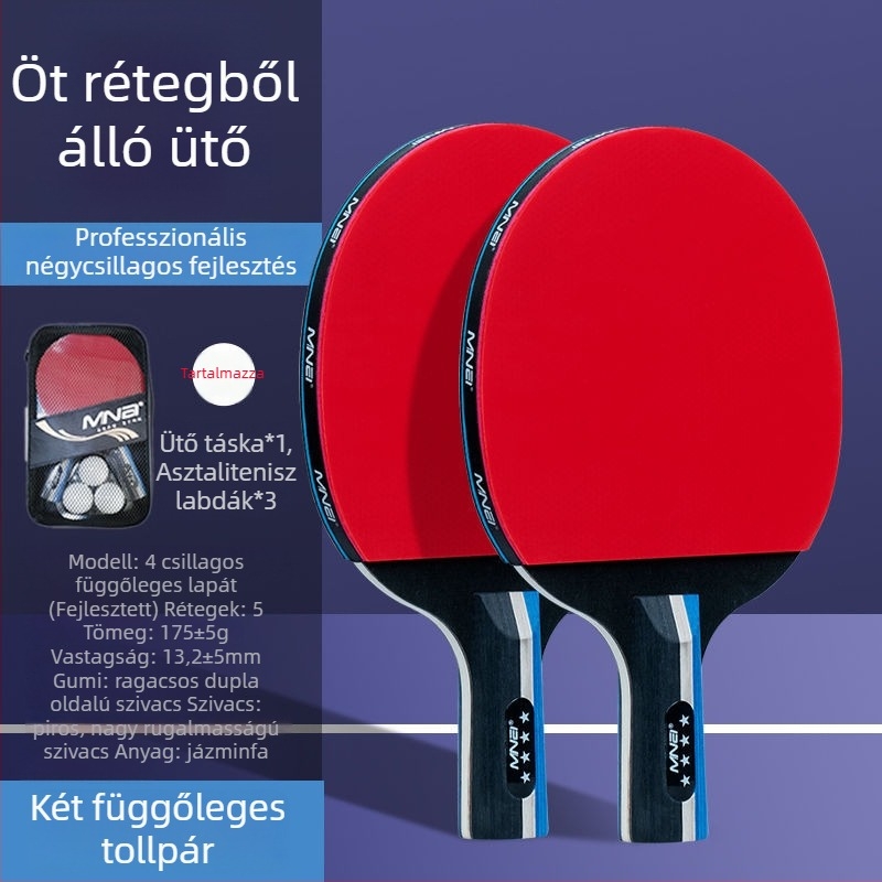 Asztaliteniszütő, kettős oldalú kezdők és gyerekek számára, magas rugalmasság; Basswood test; Long-glue gumi; ütés típusa Direct shot; alkalmas tollaslabdára és teniszre