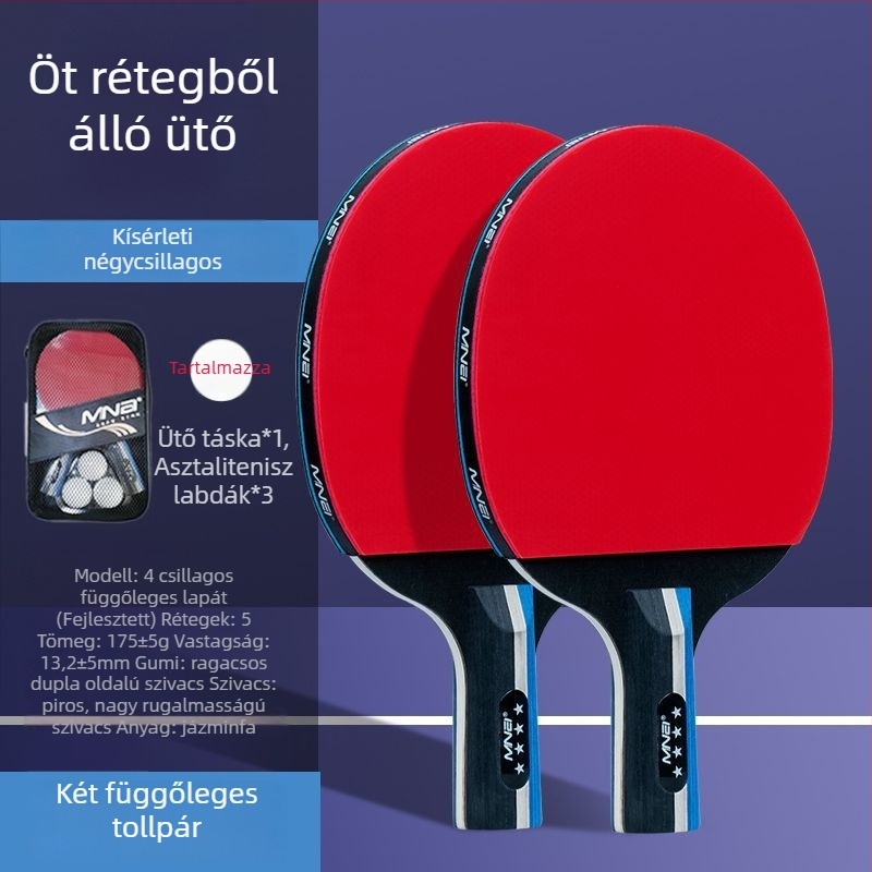Asztaliteniszütő, kettős oldalú kezdők és gyerekek számára, magas rugalmasság; Basswood test; Long-glue gumi; ütés típusa Direct shot; alkalmas tollaslabdára és teniszre