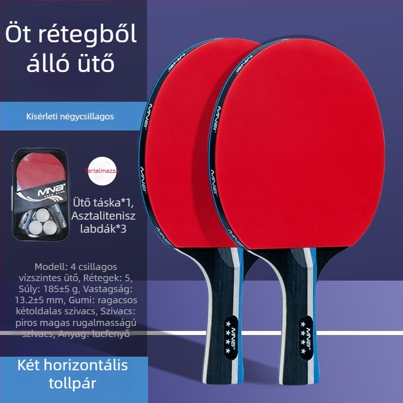 Asztaliteniszütő, kettős oldalú kezdők és gyerekek számára, magas rugalmasság; Basswood test; Long-glue gumi; ütés típusa Direct shot; alkalmas tollaslabdára és teniszre