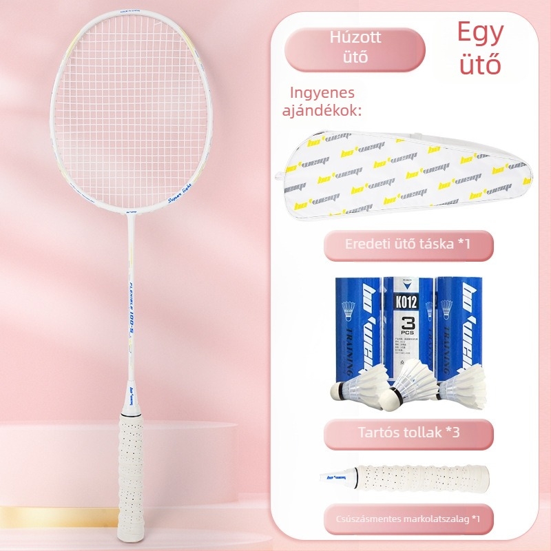 Bádmintonütő karbon szálas kerettel, nylon húrokkal, 4U/5U ultrakönnyű támadó modell, súly 80-84 g, logó nyomtatva