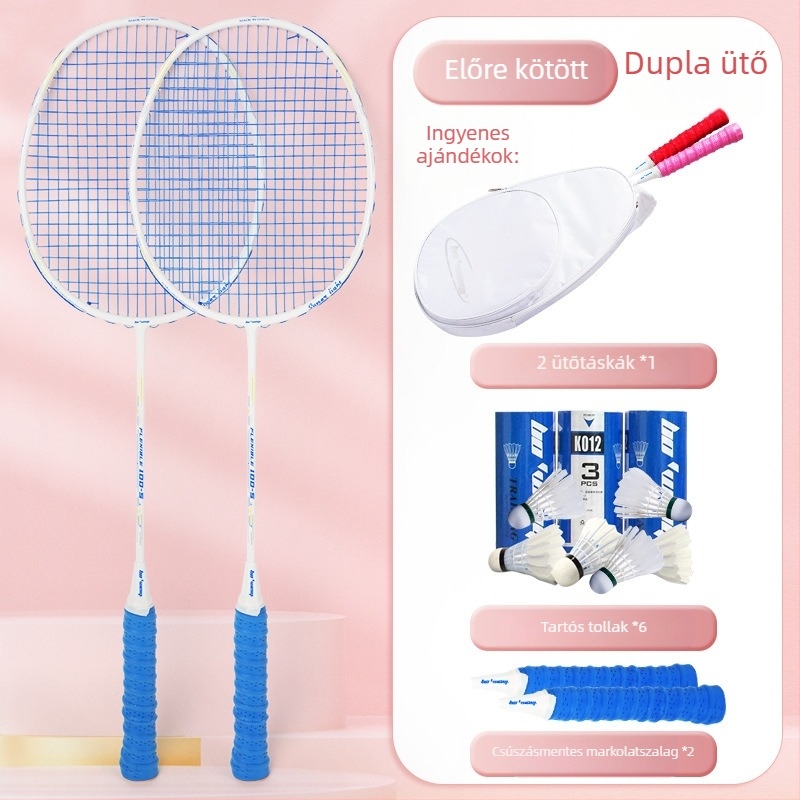 Bádmintonütő karbon szálas kerettel, nylon húrokkal, 4U/5U ultrakönnyű támadó modell, súly 80-84 g, logó nyomtatva
