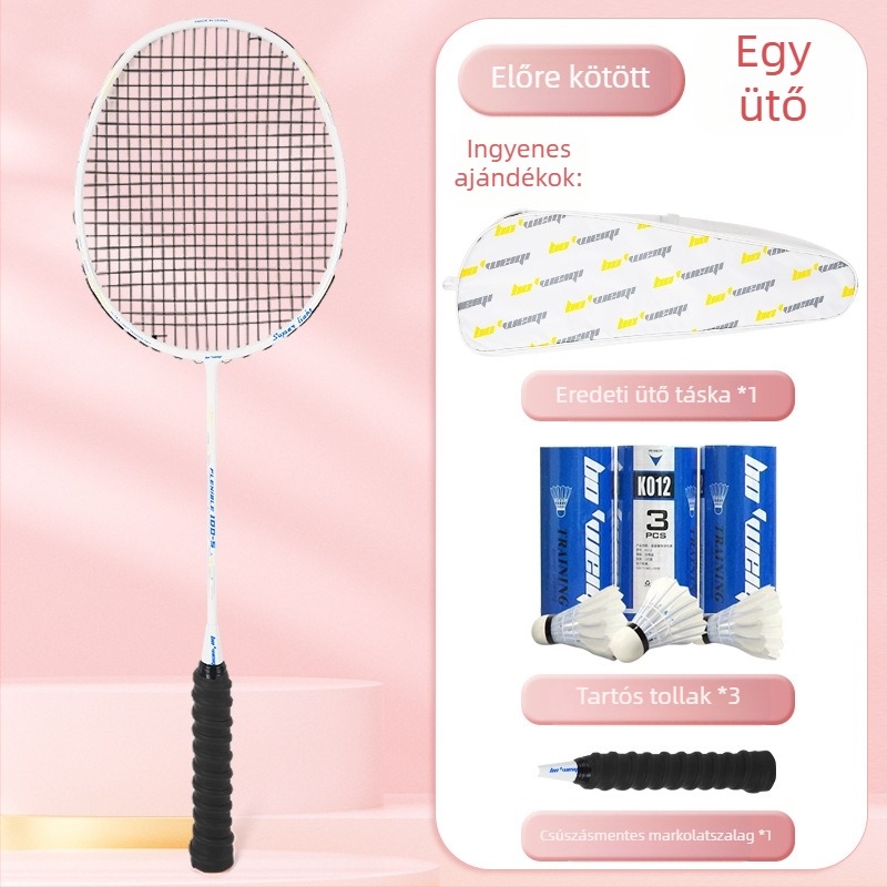 Bádmintonütő karbon szálas kerettel, nylon húrokkal, 4U/5U ultrakönnyű támadó modell, súly 80-84 g, logó nyomtatva