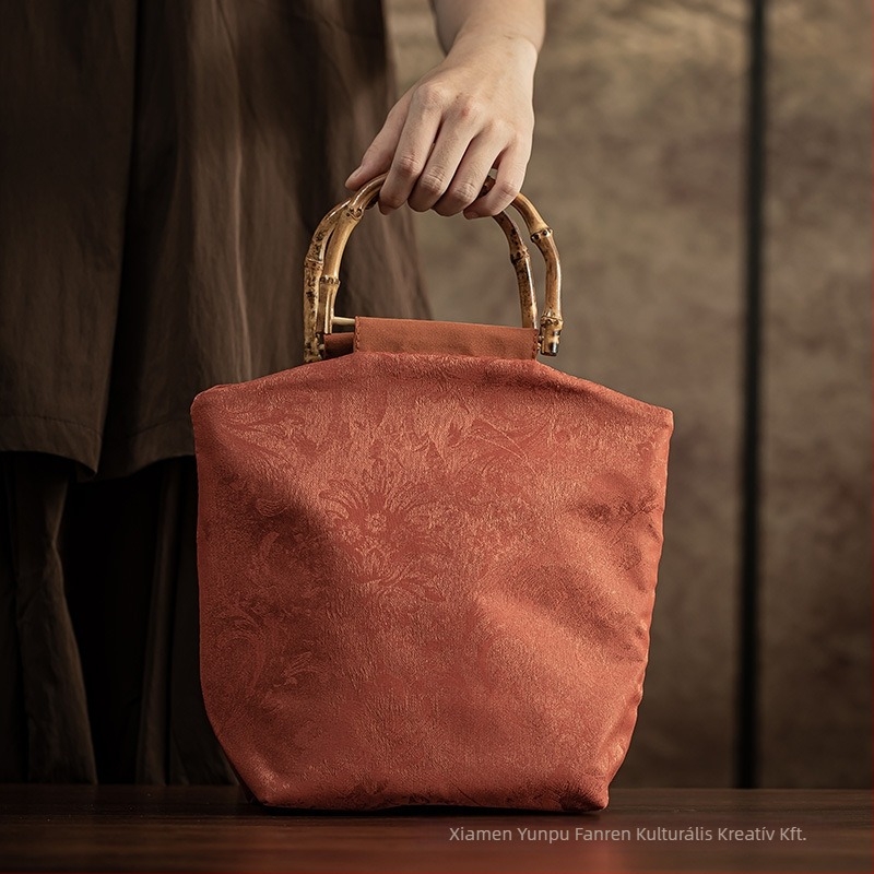 Jacquard szövésű hímzett női táska, kínai stílus, nagy kapacitás, bambusz fogantyú, logó nyomtatás, testre szabható