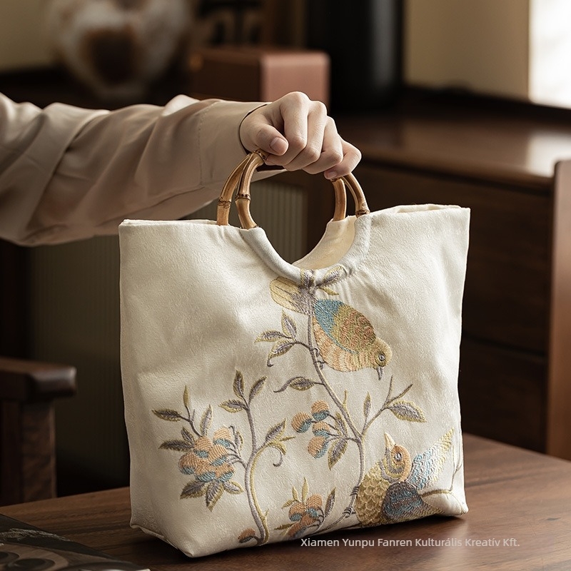 Jacquard szövésű hímzett női táska, kínai stílus, nagy kapacitás, bambusz fogantyú, logó nyomtatás, testre szabható