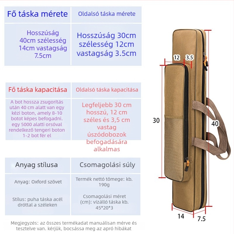 40–80 cm-es mini horgászbot táska, egyrétegű vagy kétszintes kialakítás, Oxford anyag