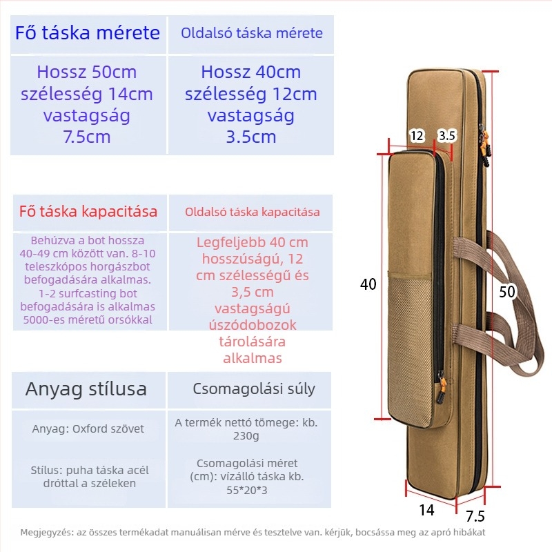 40–80 cm-es mini horgászbot táska, egyrétegű vagy kétszintes kialakítás, Oxford anyag