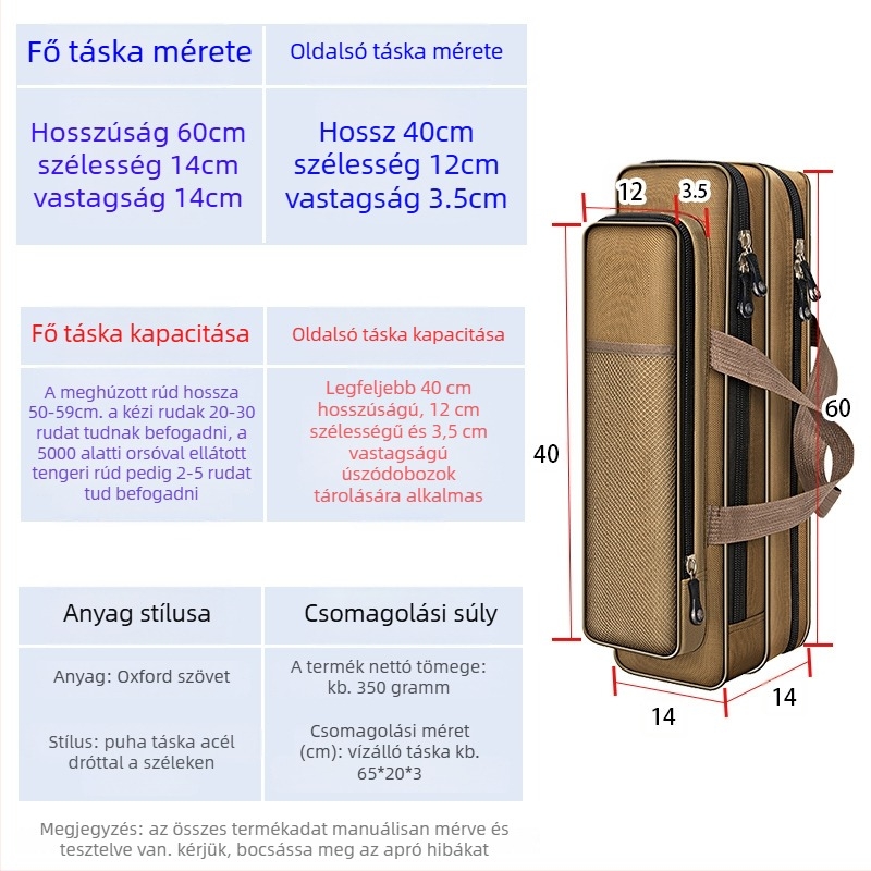 40–80 cm-es mini horgászbot táska, egyrétegű vagy kétszintes kialakítás, Oxford anyag