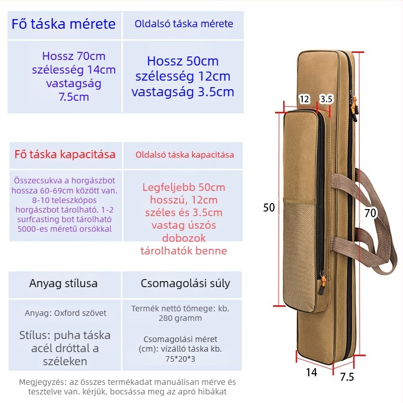 40–80 cm-es mini horgászbot táska, egyrétegű vagy kétszintes kialakítás, Oxford anyag