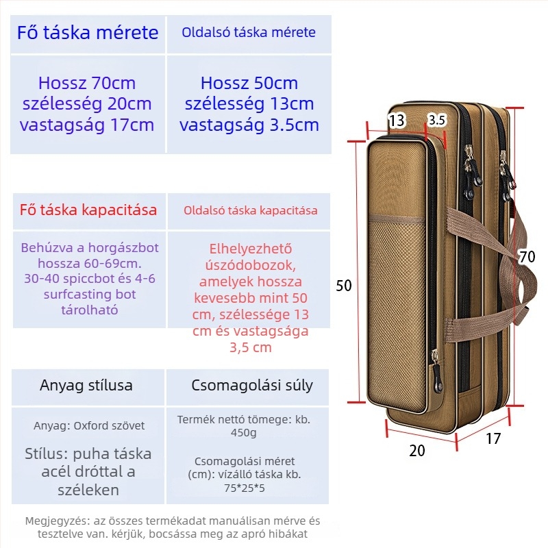 40–80 cm-es mini horgászbot táska, egyrétegű vagy kétszintes kialakítás, Oxford anyag