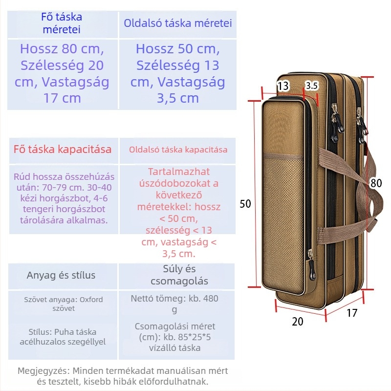 40–80 cm-es mini horgászbot táska, egyrétegű vagy kétszintes kialakítás, Oxford anyag
