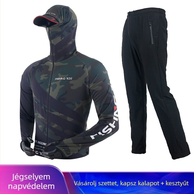 Uniszex horgászruha UV-védelmet nyújtó szett, jégselyem anyagból, lélegző, gyorsan száradó, szúnyogriasztó külső ruházat.