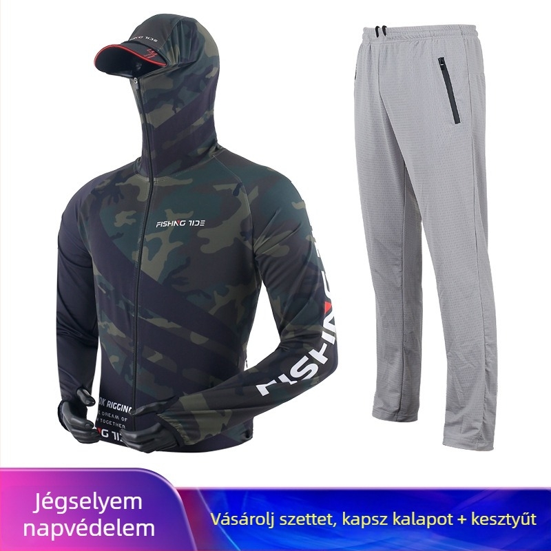 Uniszex horgászruha UV-védelmet nyújtó szett, jégselyem anyagból, lélegző, gyorsan száradó, szúnyogriasztó külső ruházat.