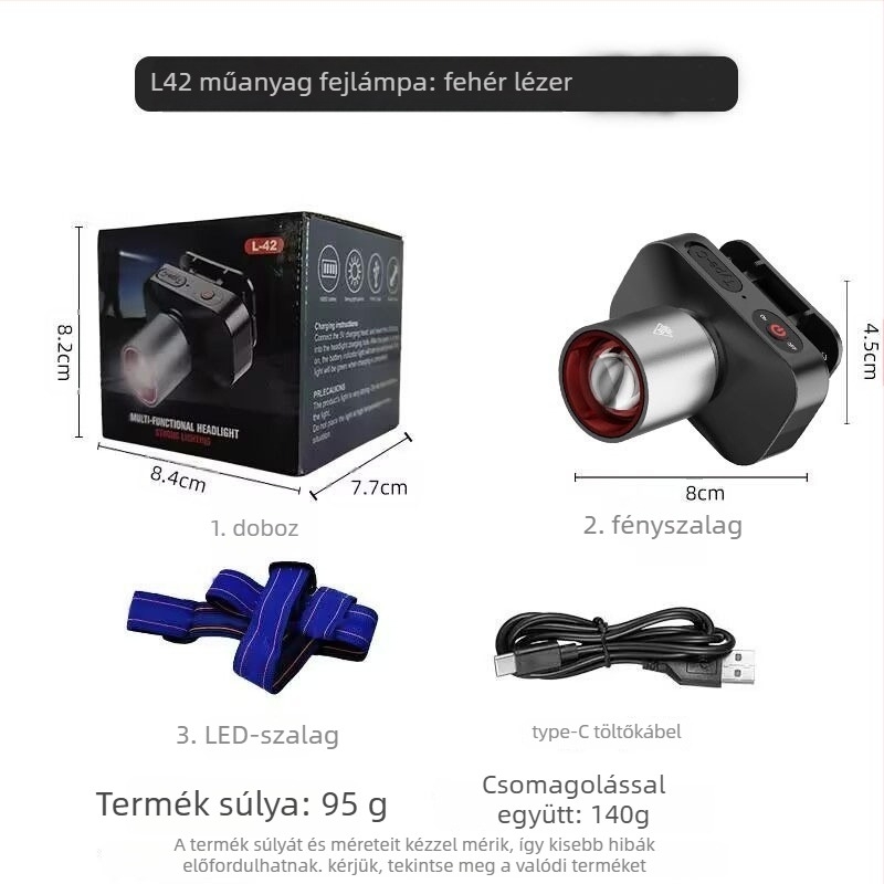 LED fejlámpa, újratölthető 15W, 1200mAh, kültéri világítás, fénysugár 100–200 m