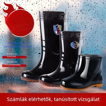 Férfi esőcsizma, magas cső, vízálló, csúszásmentes, fleece-béléses, műanyagból, injekciós öntéssel.