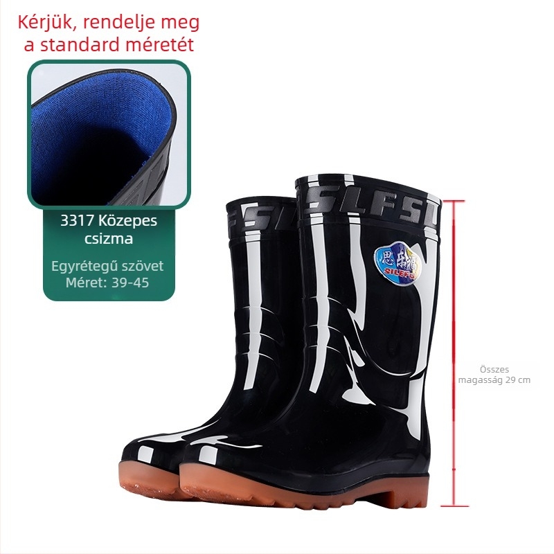 Férfi esőcsizma, magas cső, vízálló, csúszásmentes, fleece-béléses, műanyagból, injekciós öntéssel.
