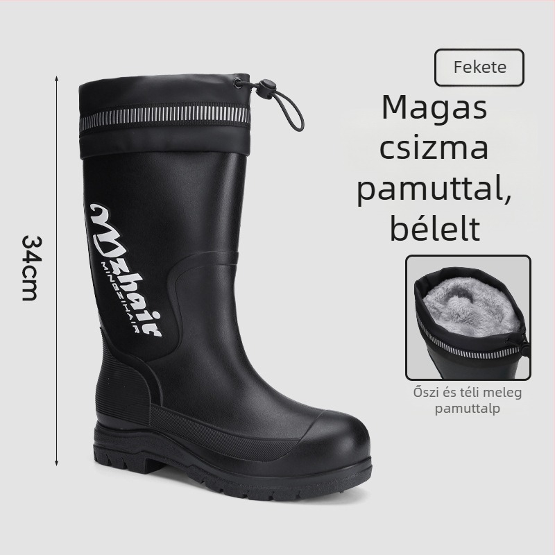 Férfi esőcsizmák, csúszásmentes, vízálló, magas szárú, plüss belsővel, EVA talp