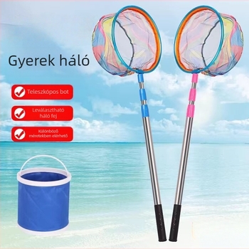 Gyerekeknek összecsukható horgász hálóbot, rozsdamentes acélból, háló átmérője 25 cm, háló mélysége 22 cm, finom szemű háló, hordozható, teljes készlet hálózsákkal