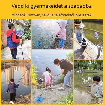 Gyerekeknek összecsukható horgász hálóbot, rozsdamentes acélból, háló átmérője 25 cm, háló mélysége 22 cm, finom szemű háló, hordozható, teljes készlet hálózsákkal