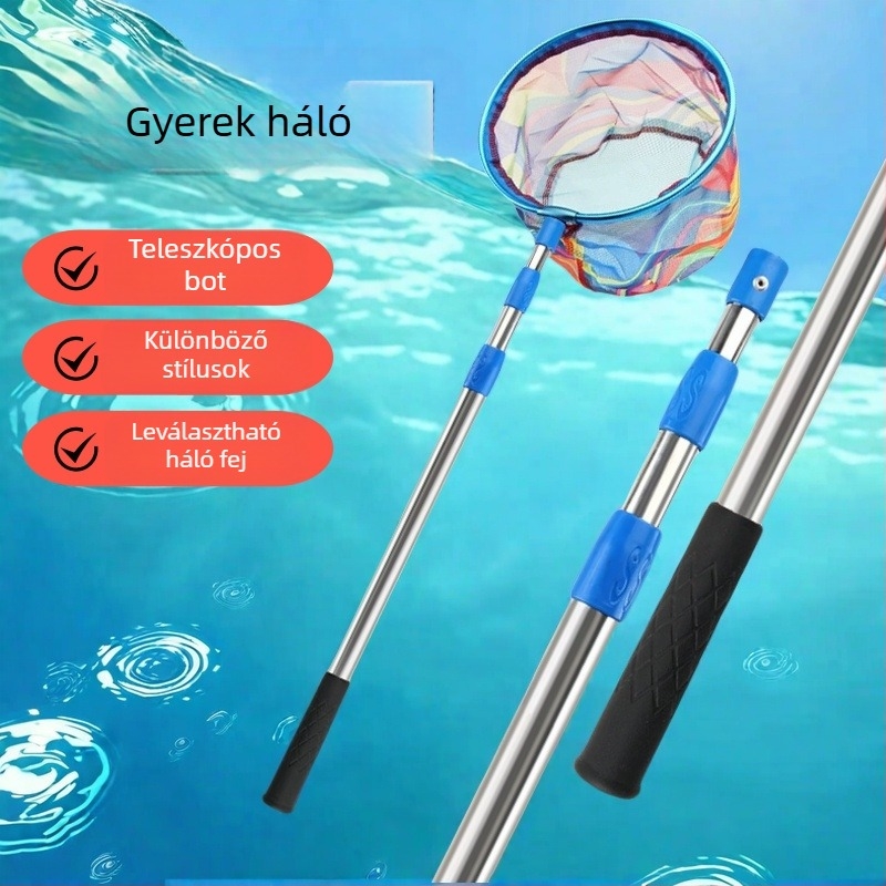 Gyerekeknek összecsukható horgász hálóbot, rozsdamentes acélból, háló átmérője 25 cm, háló mélysége 22 cm, finom szemű háló, hordozható, teljes készlet hálózsákkal