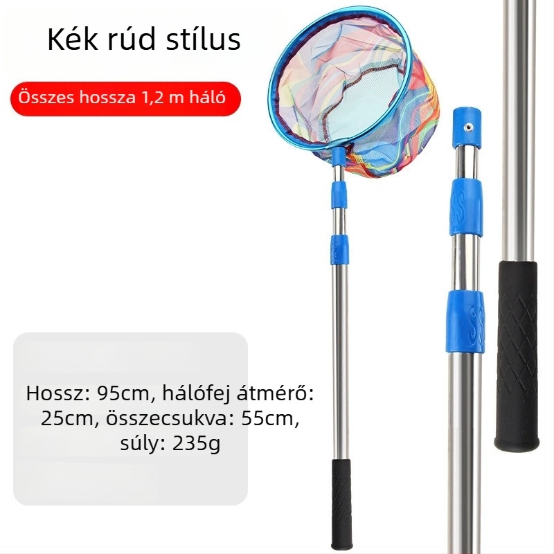 Gyerekeknek összecsukható horgász hálóbot, rozsdamentes acélból, háló átmérője 25 cm, háló mélysége 22 cm, finom szemű háló, hordozható, teljes készlet hálózsákkal