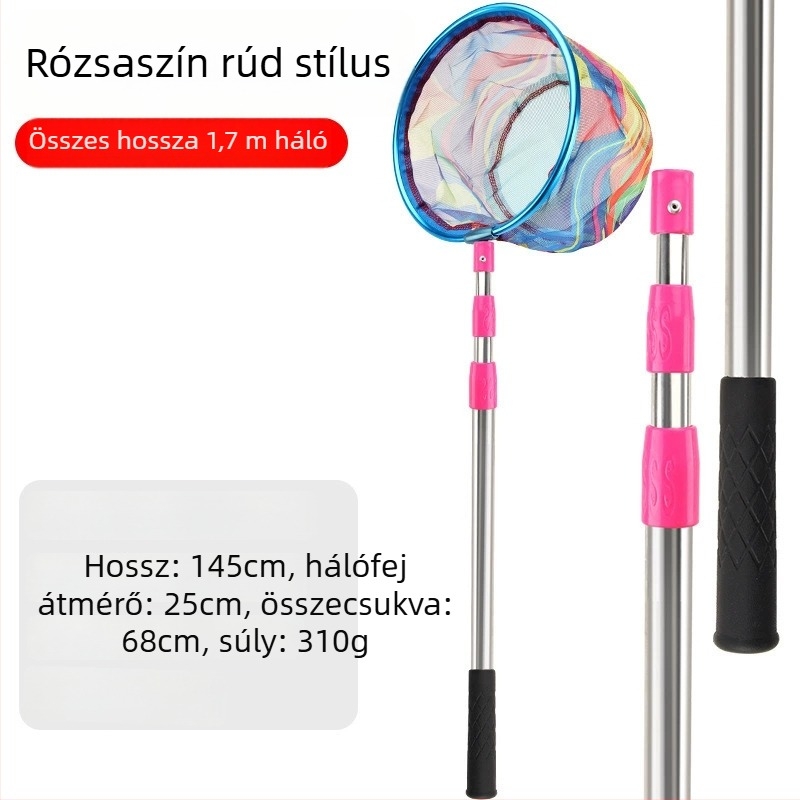Gyerekeknek összecsukható horgász hálóbot, rozsdamentes acélból, háló átmérője 25 cm, háló mélysége 22 cm, finom szemű háló, hordozható, teljes készlet hálózsákkal