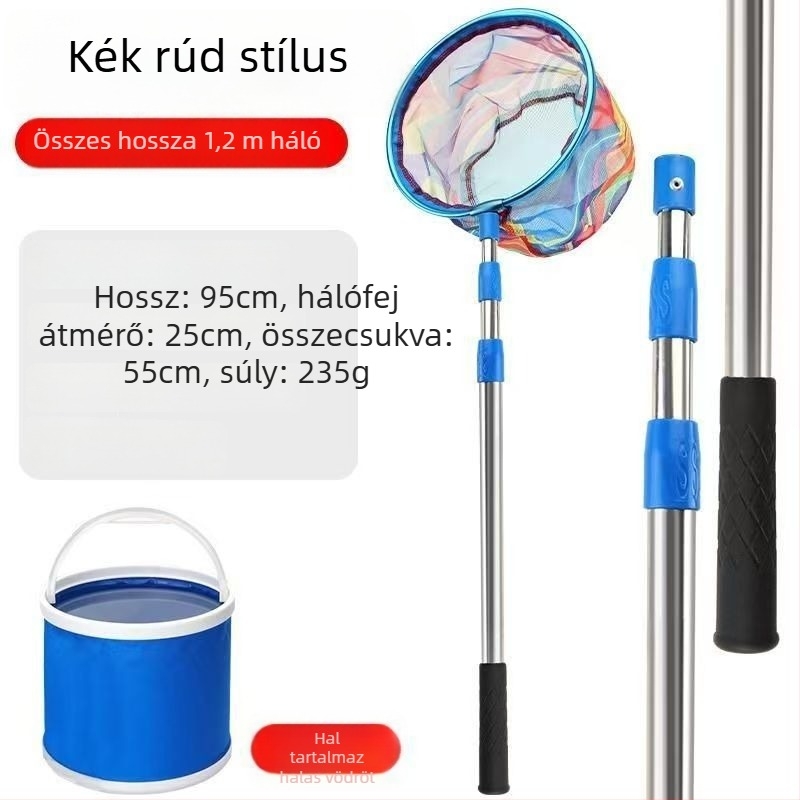 Gyerekeknek összecsukható horgász hálóbot, rozsdamentes acélból, háló átmérője 25 cm, háló mélysége 22 cm, finom szemű háló, hordozható, teljes készlet hálózsákkal