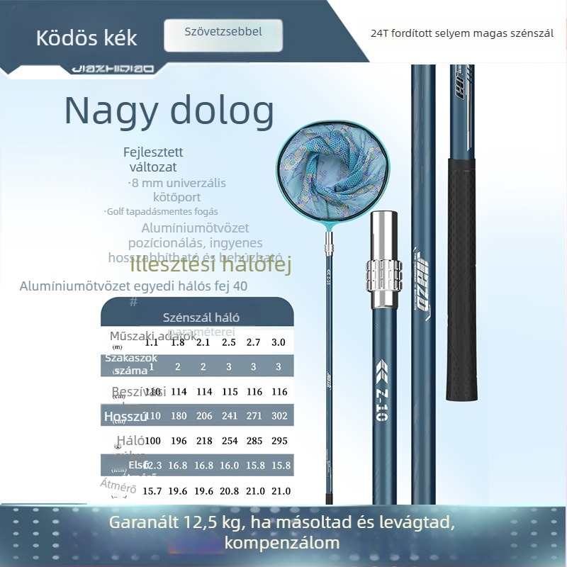 Szénszálas horgász hálóbot készlet teleszkópos nyele és hálófejjel – teljes készlet, vékony szemű háló