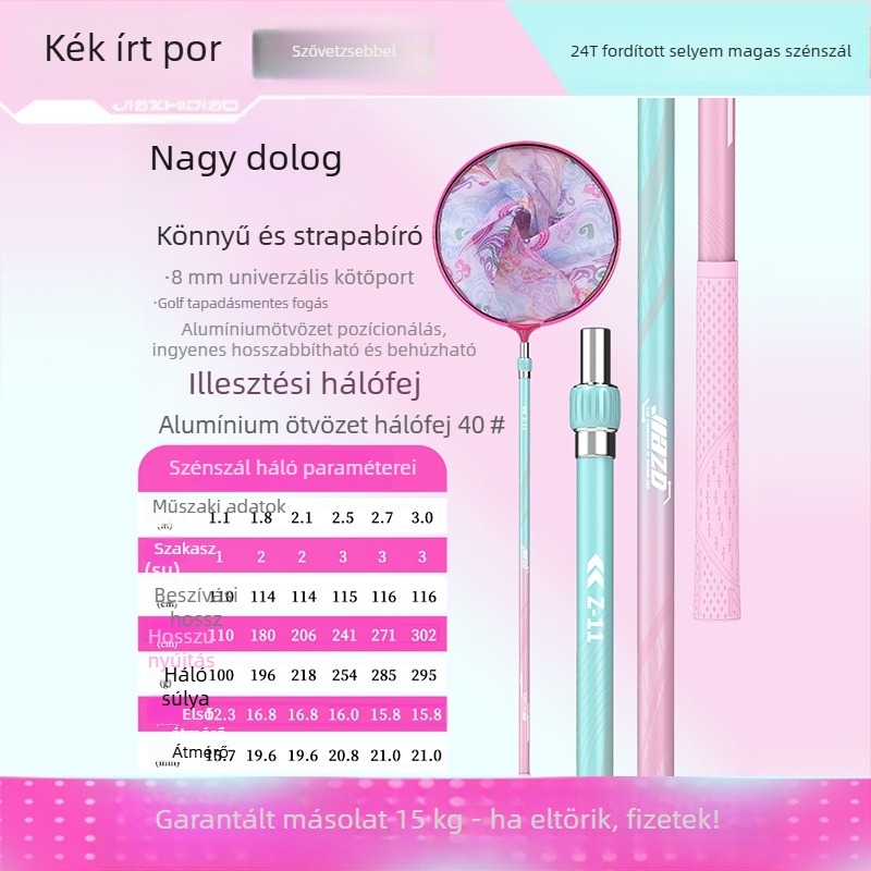 Szénszálas horgász hálóbot készlet teleszkópos nyele és hálófejjel – teljes készlet, vékony szemű háló