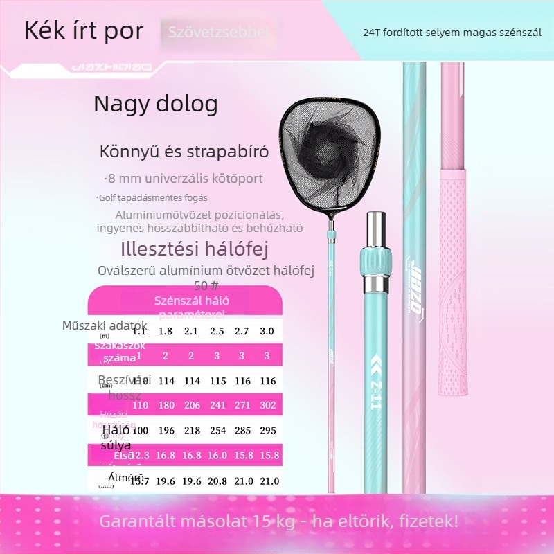 Szénszálas horgász hálóbot készlet teleszkópos nyele és hálófejjel – teljes készlet, vékony szemű háló