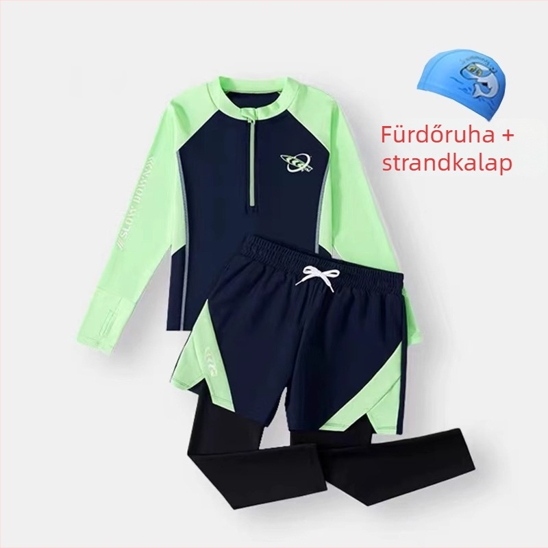 Fiúknak szóló két részes hosszú ujjú úszóruha, napsugárzás elleni védelem — poliészter 85% anyag, poliészter bélés 85%, súly 150–300 g/m², úszáshoz