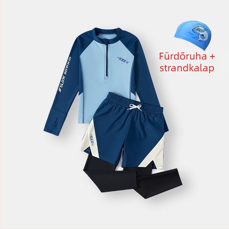 Fiúknak szóló két részes hosszú ujjú úszóruha, napsugárzás elleni védelem — poliészter 85% anyag, poliészter bélés 85%, súly 150–300 g/m², úszáshoz