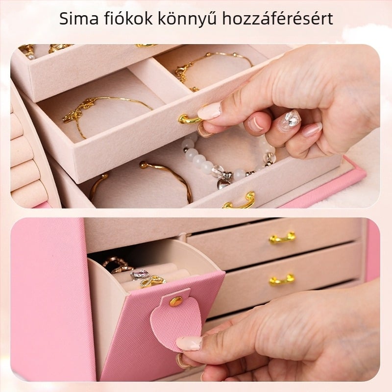 Bőr ékszerdoboz, nagy kapacitású, zárható, hordozható – gyűrűk, nyakláncok és fülbevalók számára