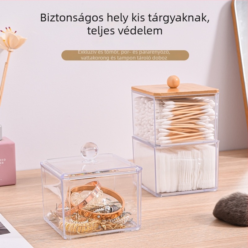 Kozmetikai vattapálcikák tároló doboz, egymásra tehető, négyszögletes műanyag tartó fedéllel, porálló