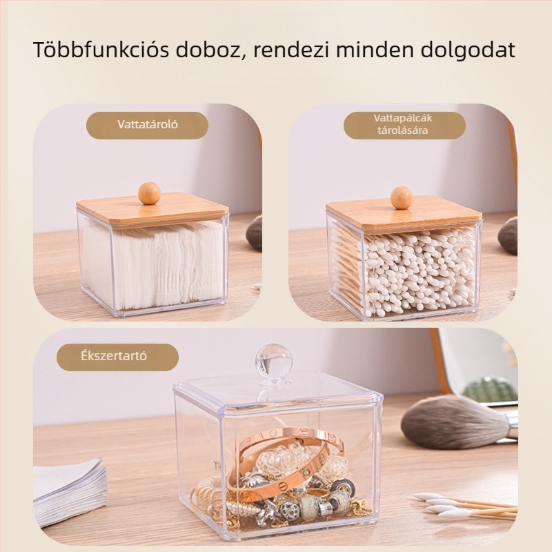 Kozmetikai vattapálcikák tároló doboz, egymásra tehető, négyszögletes műanyag tartó fedéllel, porálló