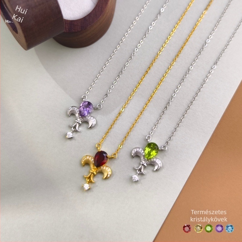 S925 ezüst Iris virág nyaklánc kristály berakással, keresztlánccal, körte alakú kövek