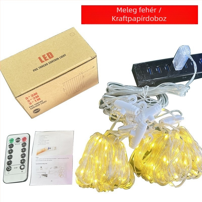 LED függöny fénylánc 300 LED-del, IP68, USB-tápellátás 5V, távirányítós fényerő-szabályozás, 3000K
