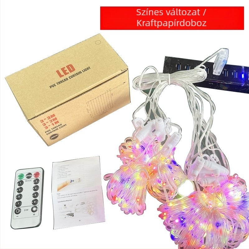 LED függöny fénylánc 300 LED-del, IP68, USB-tápellátás 5V, távirányítós fényerő-szabályozás, 3000K