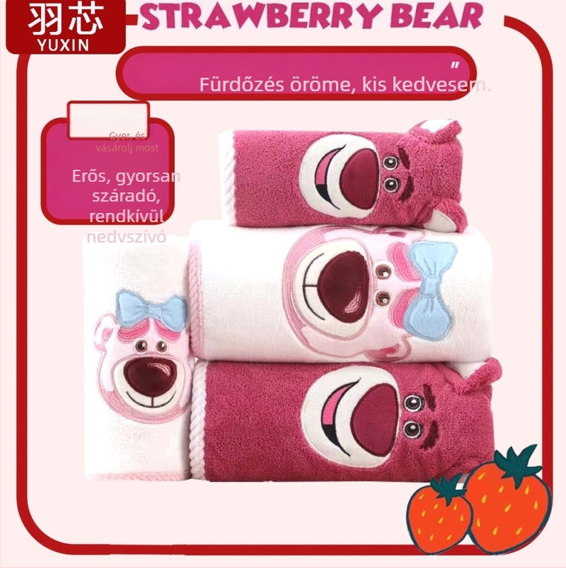 Gyerekeknek készült korall fleece fürdőtörölköző készlet Strawberry Bear hímzéssel, 490 g tömeg, törölköző testre és arcra, Feather Core