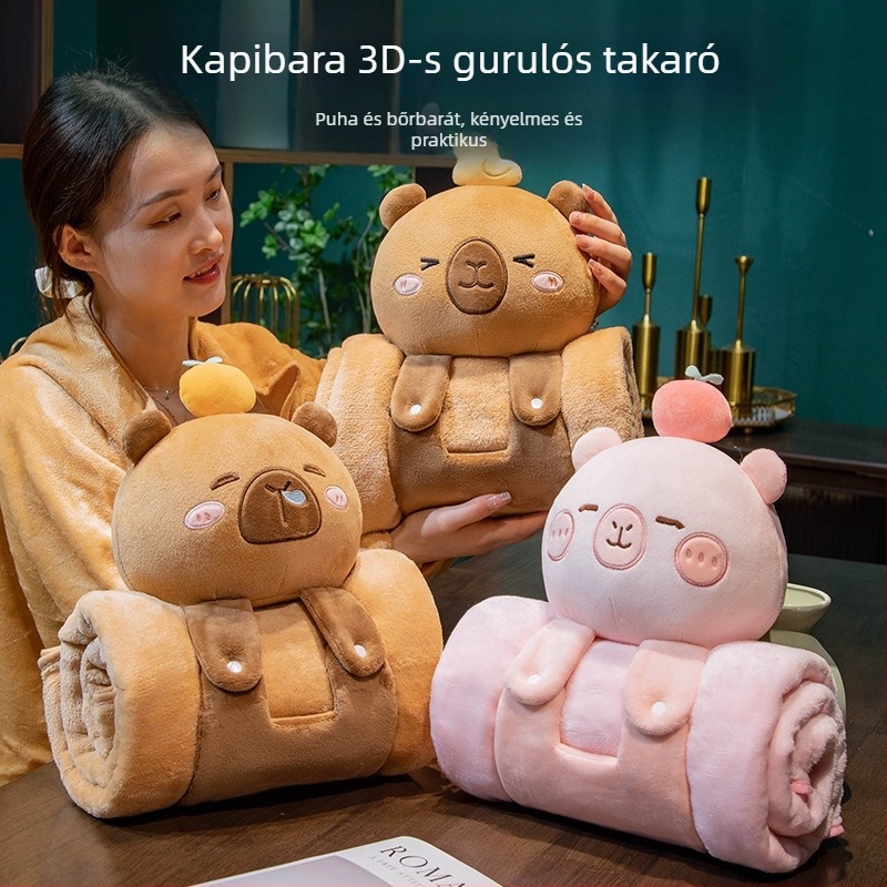 Rajzolt kapibara rolatakaró párnával, 3D flanel takaró irodai pihenéshez, összehajtható, nőknek