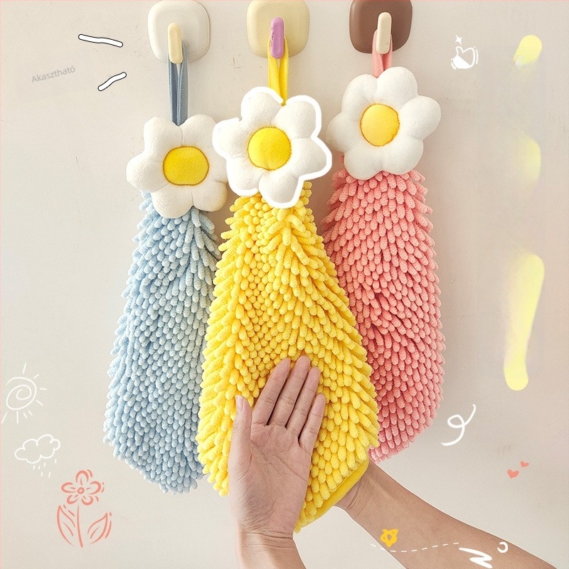 Chenille virágmintás kéztörlő, kémiai rostból, 80–100 g, 19 szál, varrt él, testreszabás lehetséges