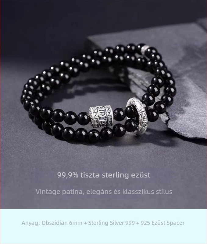 Két rétegű obsidián gyöngyös karkötő nőknek, kézzel készített ősi stílusú ékszer