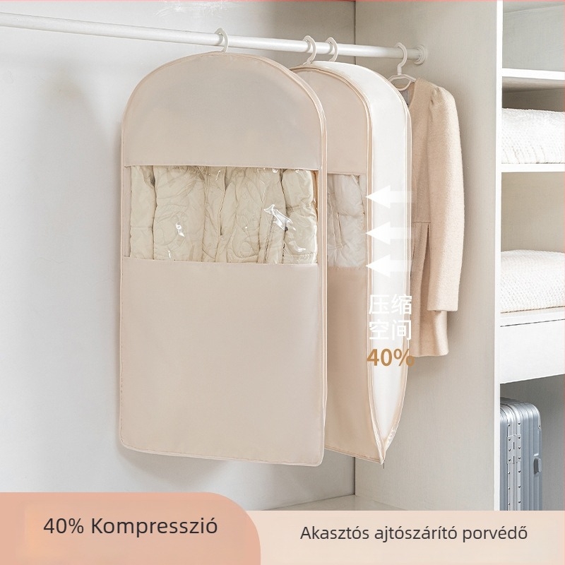 Akasztós tollkabát tároló zsák — satin anyag, por- és nedvességálló, légmentes tömörítés a gardróbban