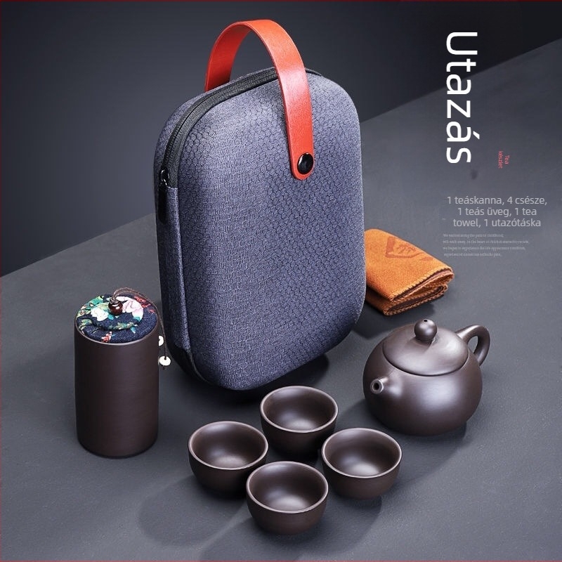 Hordozható Zisha teáskészlet utazótáskával, bambusztálcával, logóval testreszabható, 3–5 fő számára