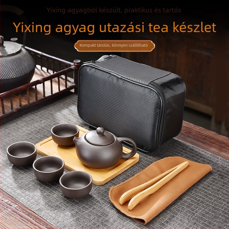 Hordozható Zisha teáskészlet utazótáskával, bambusztálcával, logóval testreszabható, 3–5 fő számára