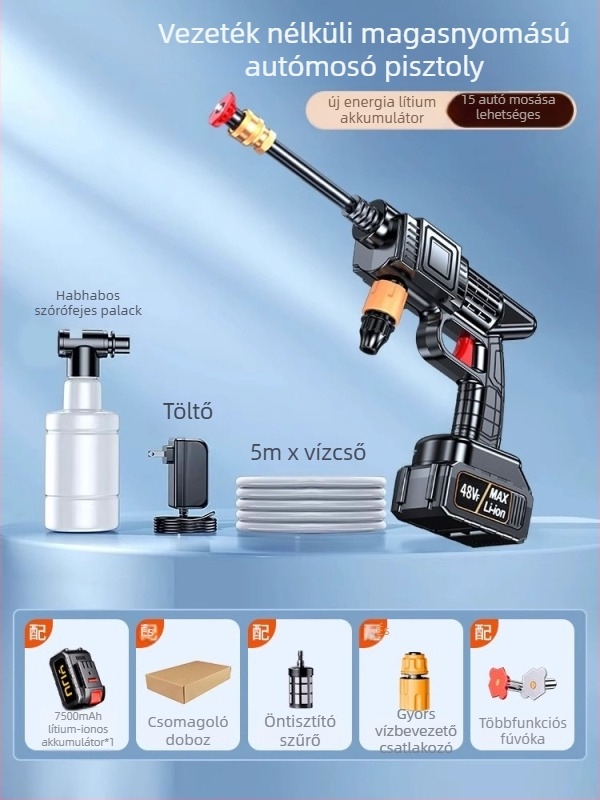 Vezeték nélküli autómosó 120 W-os motorral, max. 4 L/perc áramlás, 3 kg tömeg, műanyag ötvözet test; alkalmas autómosásra, növények öntözésére és padló tisztítására.