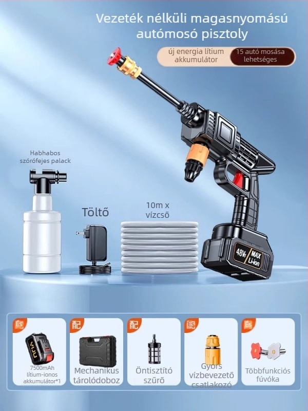Vezeték nélküli autómosó 120 W-os motorral, max. 4 L/perc áramlás, 3 kg tömeg, műanyag ötvözet test; alkalmas autómosásra, növények öntözésére és padló tisztítására.