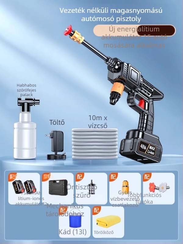 Vezeték nélküli autómosó 120 W-os motorral, max. 4 L/perc áramlás, 3 kg tömeg, műanyag ötvözet test; alkalmas autómosásra, növények öntözésére és padló tisztítására.