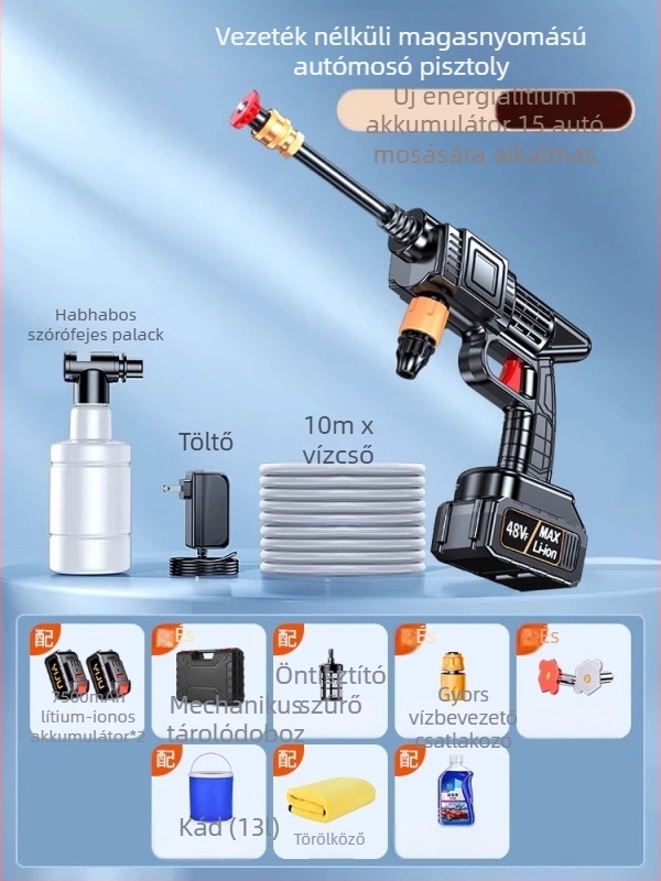 Vezeték nélküli autómosó 120 W-os motorral, max. 4 L/perc áramlás, 3 kg tömeg, műanyag ötvözet test; alkalmas autómosásra, növények öntözésére és padló tisztítására.