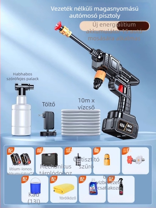 Vezeték nélküli autómosó 120 W-os motorral, max. 4 L/perc áramlás, 3 kg tömeg, műanyag ötvözet test; alkalmas autómosásra, növények öntözésére és padló tisztítására.