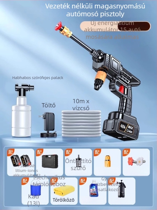 Vezeték nélküli autómosó 120 W-os motorral, max. 4 L/perc áramlás, 3 kg tömeg, műanyag ötvözet test; alkalmas autómosásra, növények öntözésére és padló tisztítására.